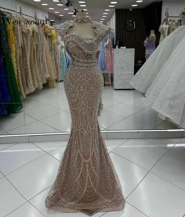 

Arabic Long Dark Champagne Mermaid Evening Dresses for Women's Weddings Shimmer Crystals Tassels Party Gowns Customized