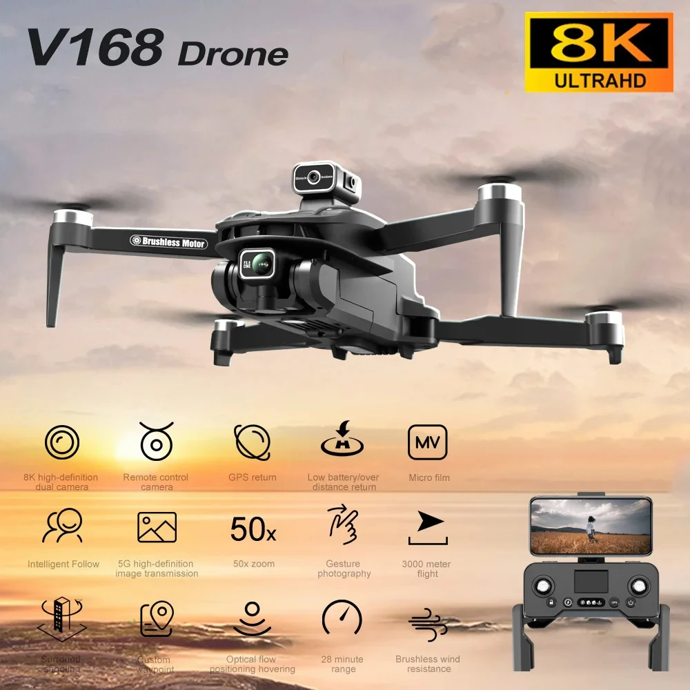 Hd V168 Max Pro Drone Gps 8K Hd Camera 5G Wifi Fpv Borstelloze Rc Quadcopter Obstakel Vermijden Automatische Terugkeer