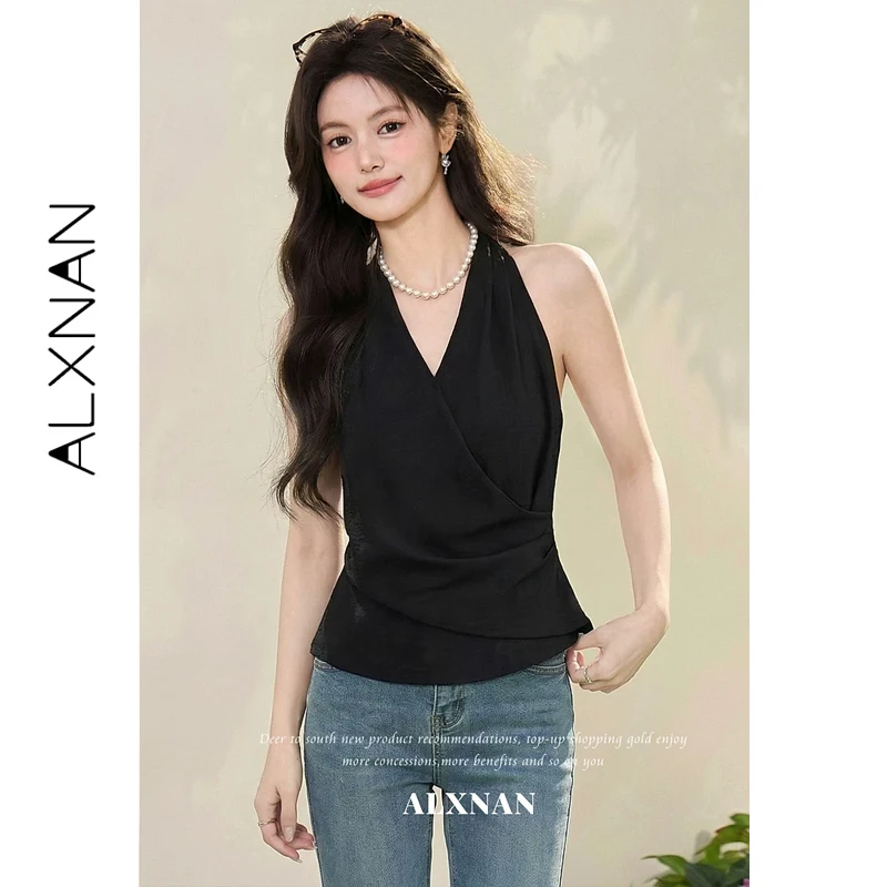 

ALXNAN Black Halter Tank Top Women Summer V-neck Cross Waist Slim-fit Sleeveless Top 2026 Fashion Elegant Female Tops L639108A