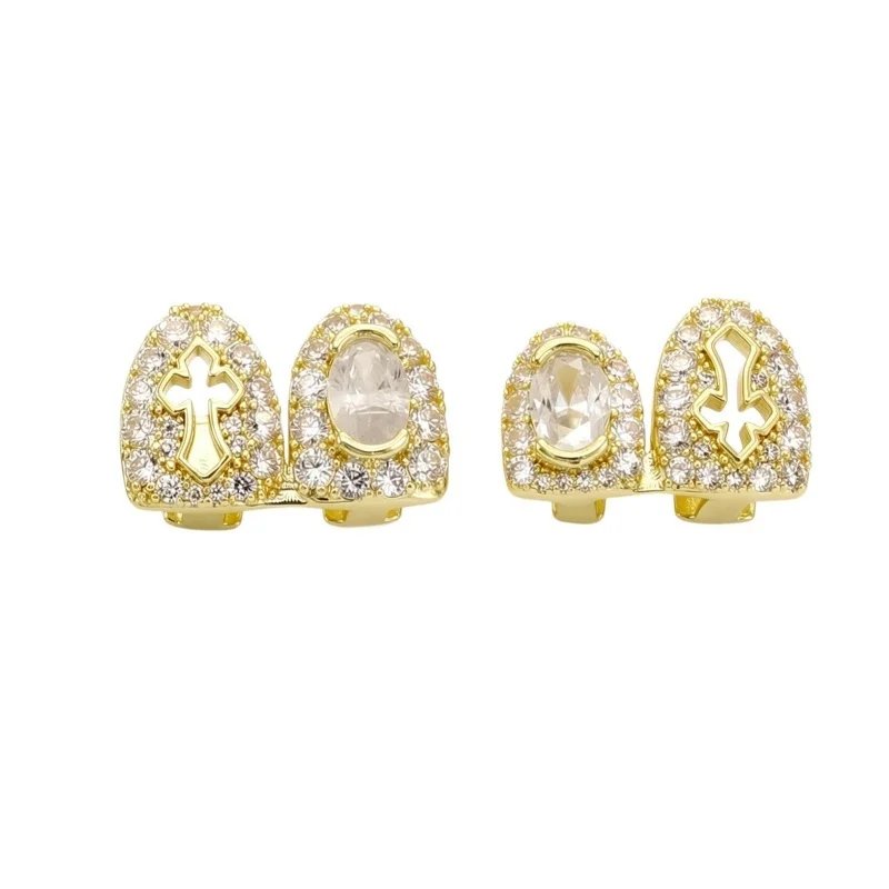 Dental Hip Hop Double Teeth Full Iced Hollow Holy Cross CZ Grillz Top Bottom Shiny Single Grill for Punk Rapper Christmas Gift