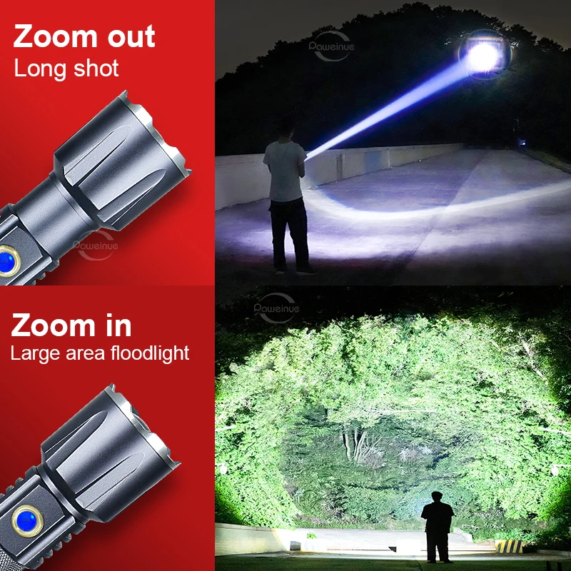 High Power LED Flashlight Waterproof Lamp Utral Powerful Lights Zoomable USB Rechargeable Tactical Torch Outdoor Camping Lantern