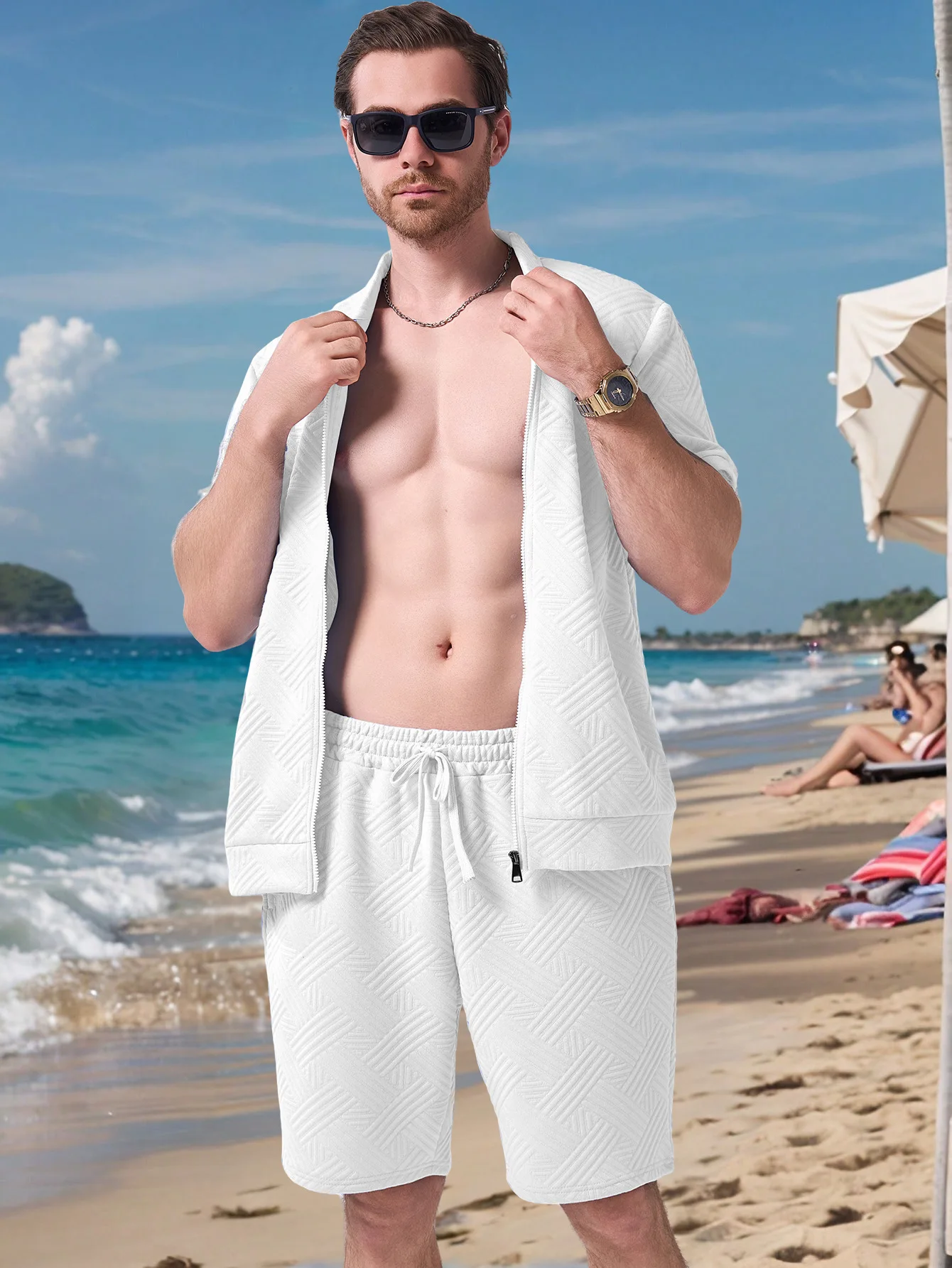 

Summer Men's Textured 2 Piece Outfits Short Sleeve Zip Up Jacket and Drawstring Shorts Set Casual Beach Streetwear Tracksuit
