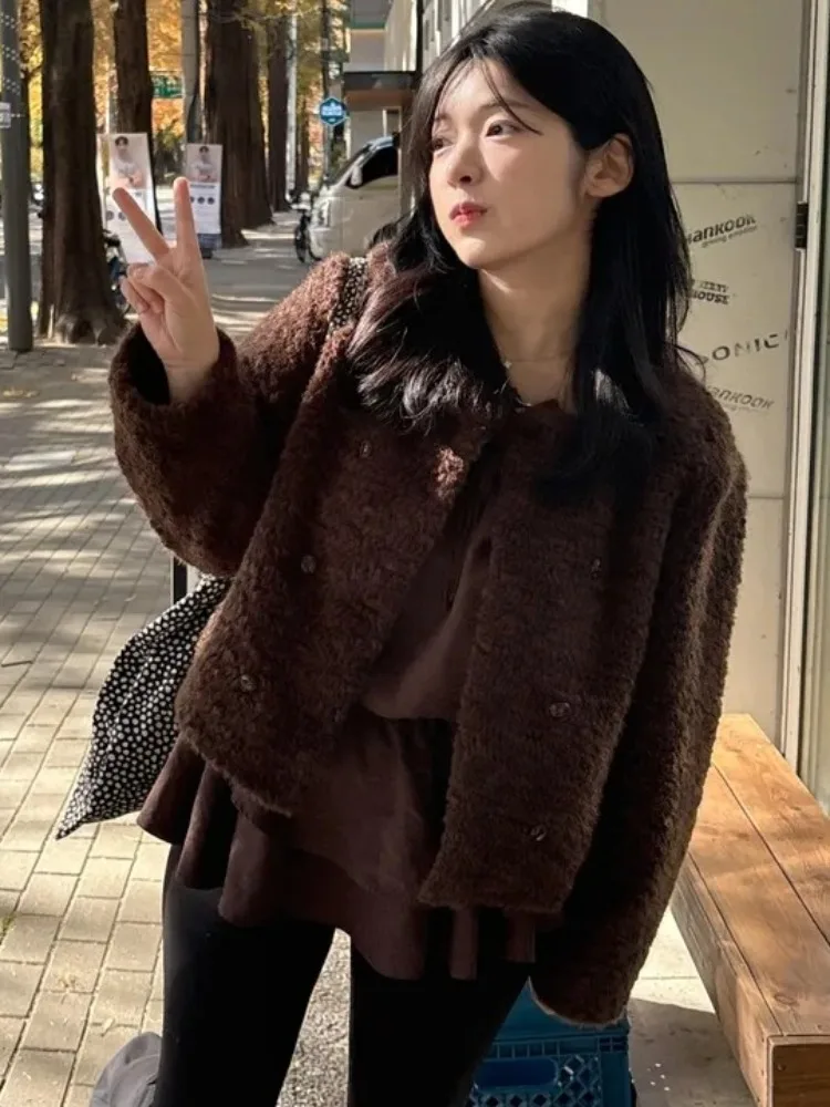 

Korean Sle Retro Winter ort Coat Women's Faionable Soft round Ne Double Button Fur Jaet Versatile All Season Outerwear