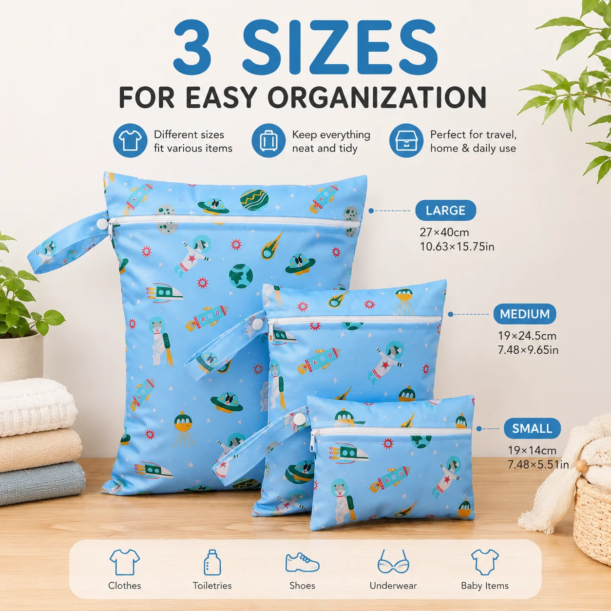 Portable 3-Size Organizer Pouch Set, 3 Pack Washable Reusable Zip Bags with Snap Handles for Travel, Bathroom & Everyday Essenti
