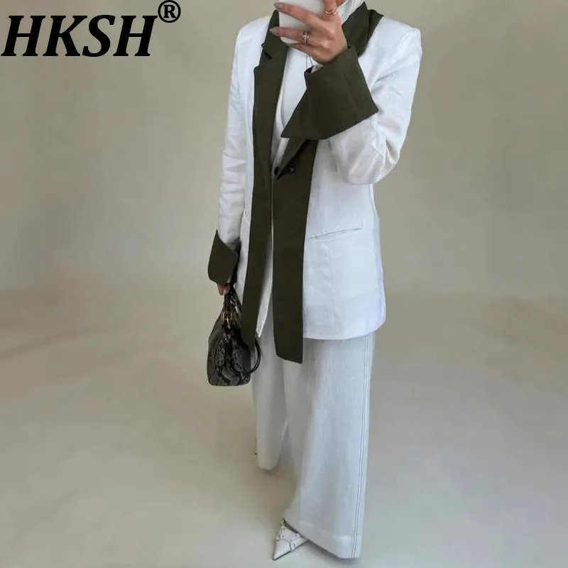 

HKSH Autumn New Women Suit Set Turn-down Collar Patchwork Contrast Color Fake Two-Piece Casual Blazer Ins Wide Leg Pants HK10694