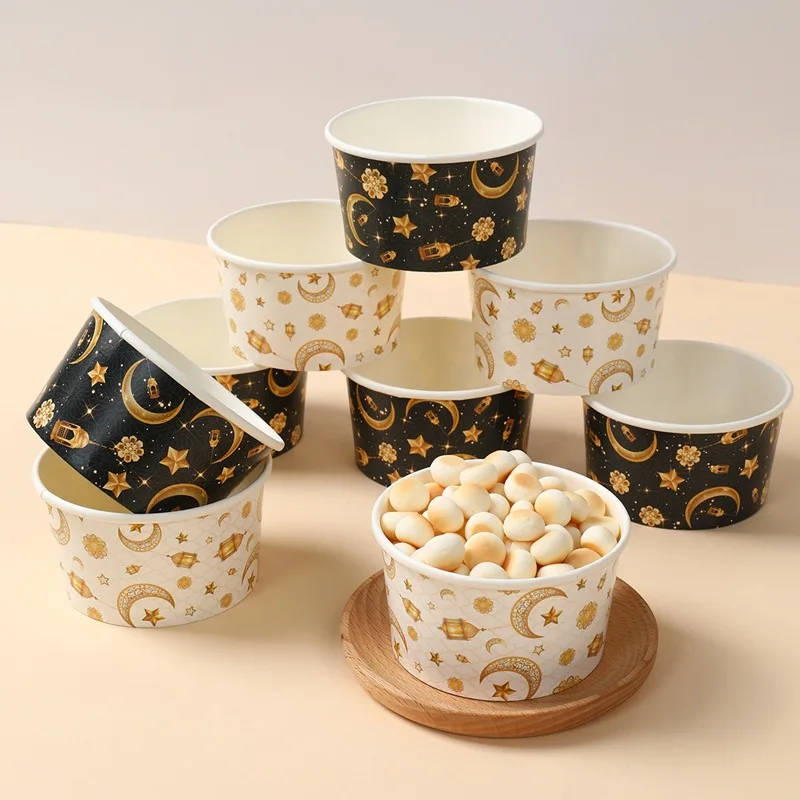 10 Uds EID Mubarak cuenco de papel blanco y negro decoración 2026 cuenco de papel para fiesta en casa Ramadán Kareem islámico musulmán Eid al-fitr ornamento