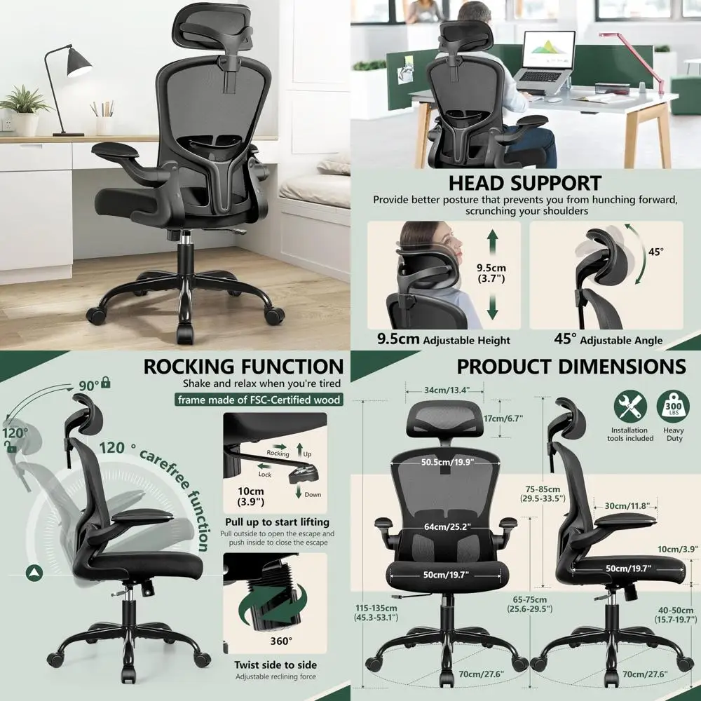 

Ergonomic High-Back Desk Chair with Adjustable Lumbar Support, Headrest, and Wheels for Executive Use
