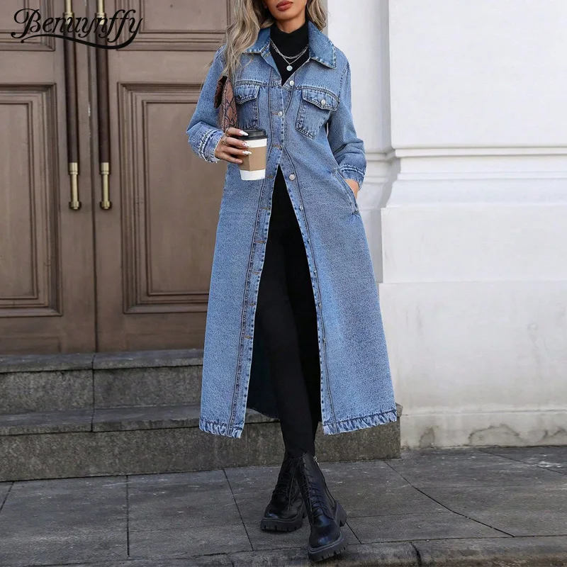 

Benuynffy Single Breasted Streetwear Long Denim Coat Women's Autumn Loose Fashion Pockets Long Sleeve All Match Jeans Jackets
