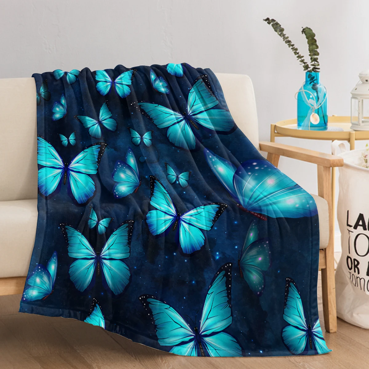 Blue Butterfly with Luminous Design Flannel Throw Blanket Soft Comfort Cozy Throw Blanket for All Seasons