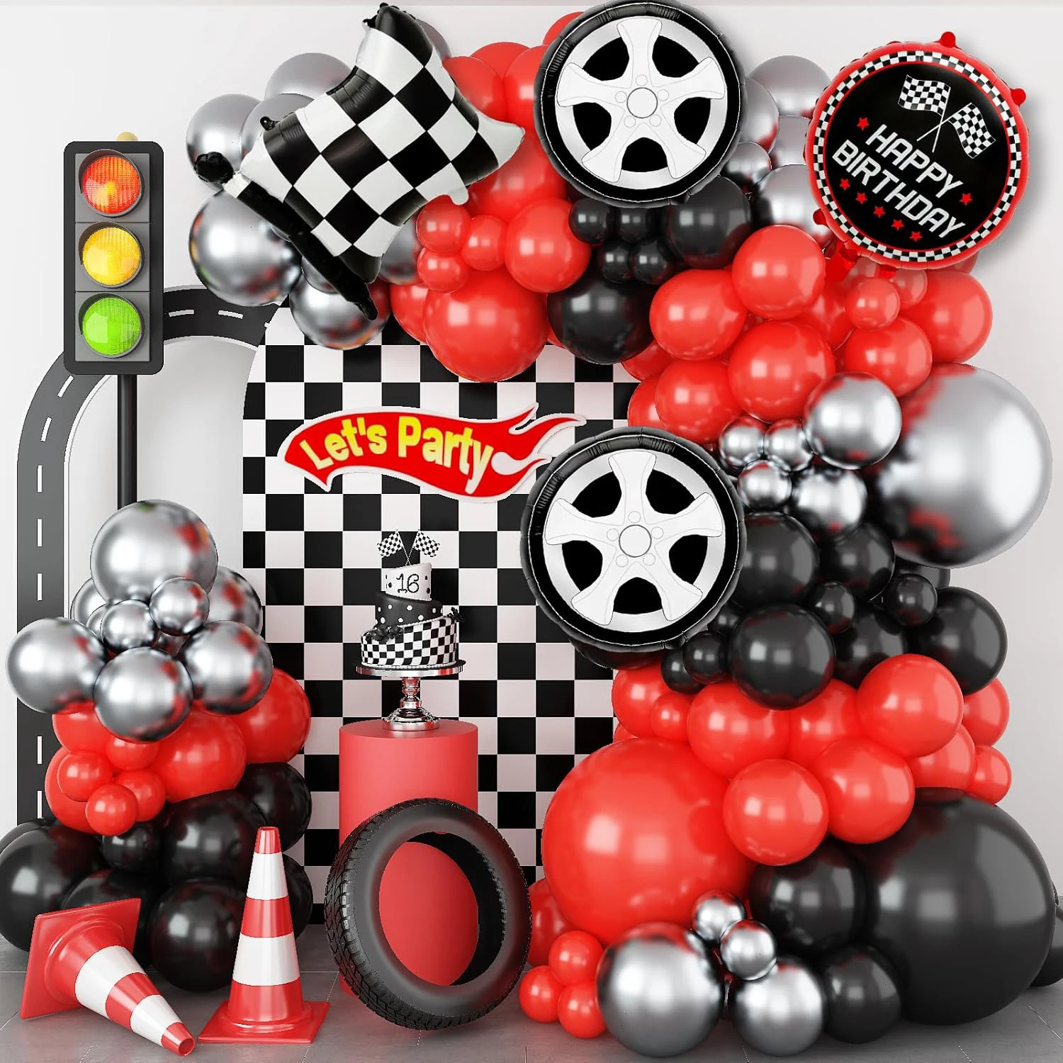 Race Car Balloon Arch Garland Kit:  Red Black Silver，Checkered Flags & Wheels Balloons, Racing Themed Birthday Party Supplies