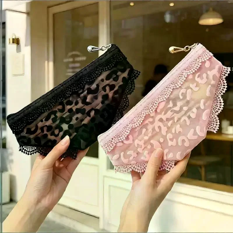 Bikini Briefs Shape Cosmetic Bag Lace Leopard Print Transparent Makeup Storage Pouch Mesh Y2K Toiletry Bag Storage For Travel