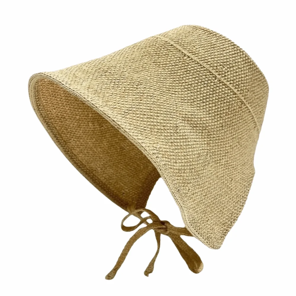 Lace Up Closure Linen Straw Bonnets Geometric Pattern Bow Accent Sun Protection Hat Round Top Cotton Linen Wide Brim Cloche Hat
