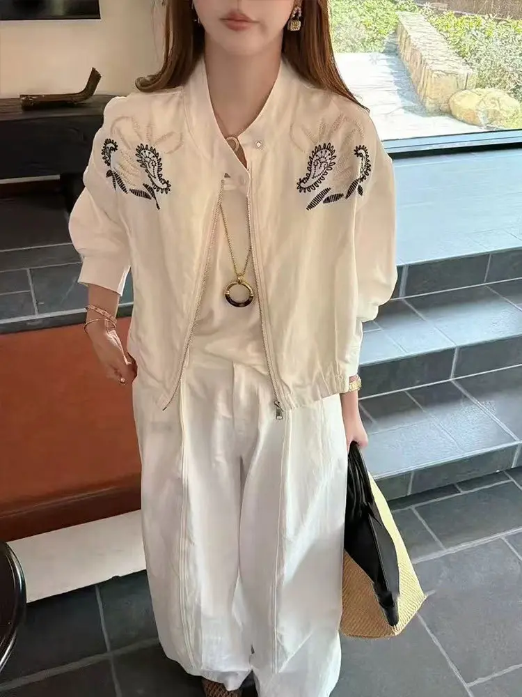 

Korean Style Heavy Embroidery Stand Collar Short Jacket Women's Loose Fit Spring 2026 Fashionable Top Small Size Friendly
