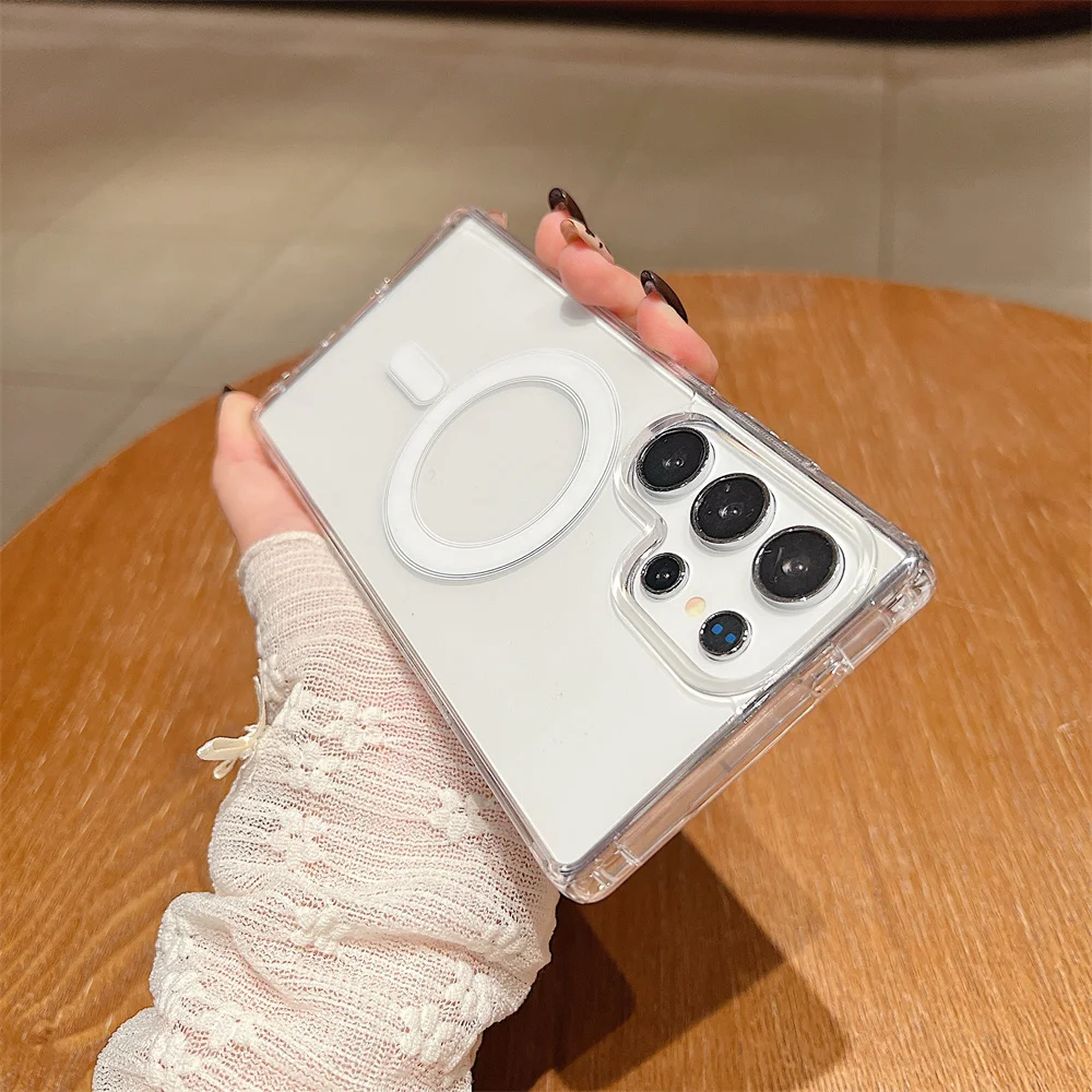 Casing akrilik Magsafe transparan untuk Samsung Galaxy S25 Ultra S24 S22 Plus S23 S21 FE A16 A15 A35 A55 penutup bening magnetik