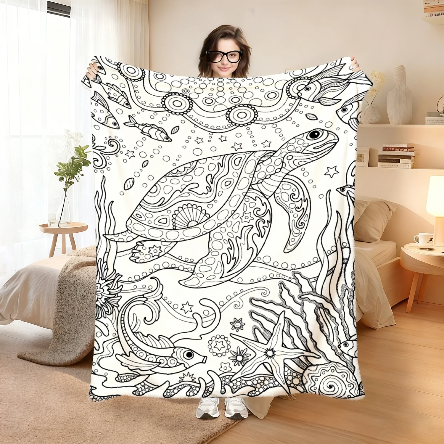 Ocean World Adult Coloring Pattern Decorative Throw Blanket for Sofa, Bed, Home Decor, Living Room, and Unique Gift