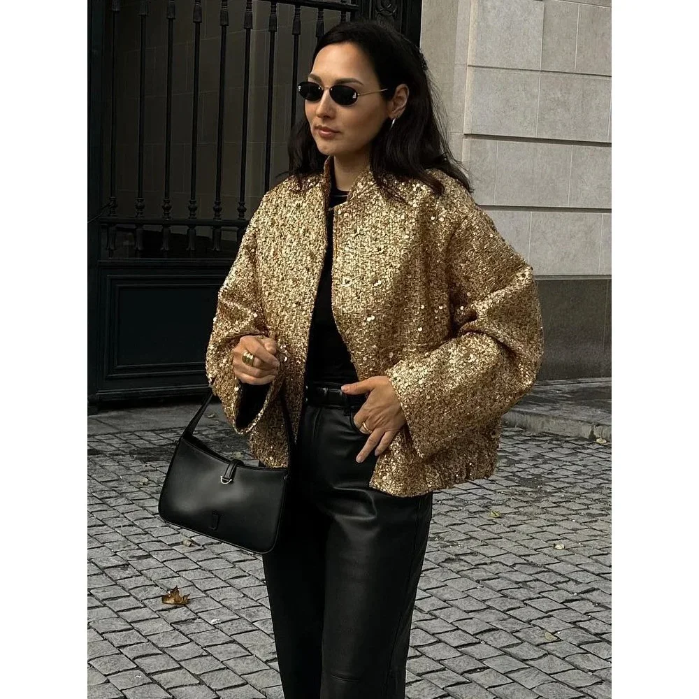 2024 donne paillettes cappotto O collo maniche lunghe femminile giacca allentata oro argento selvaggio lucido corto donna Cardigan cappotto