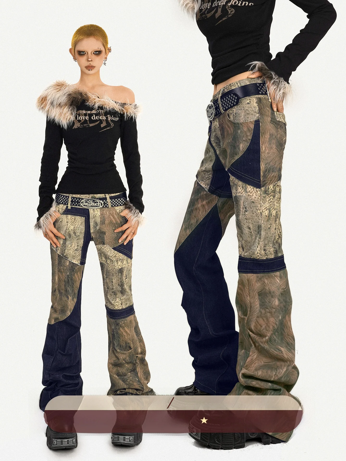 

Женские винтажные джинсы-клеш с ретро-пэчворком и эффектом потертости, на молнии, с завышенной талией