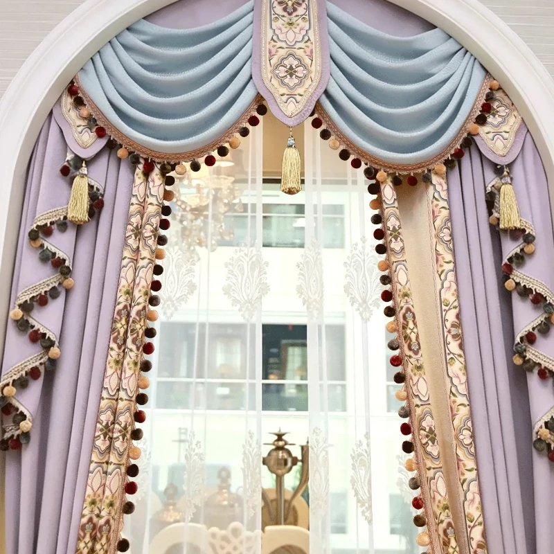 European curtains, living room, luxury atmosphere villa, American bedroom, luxury French large flower, advanced shading