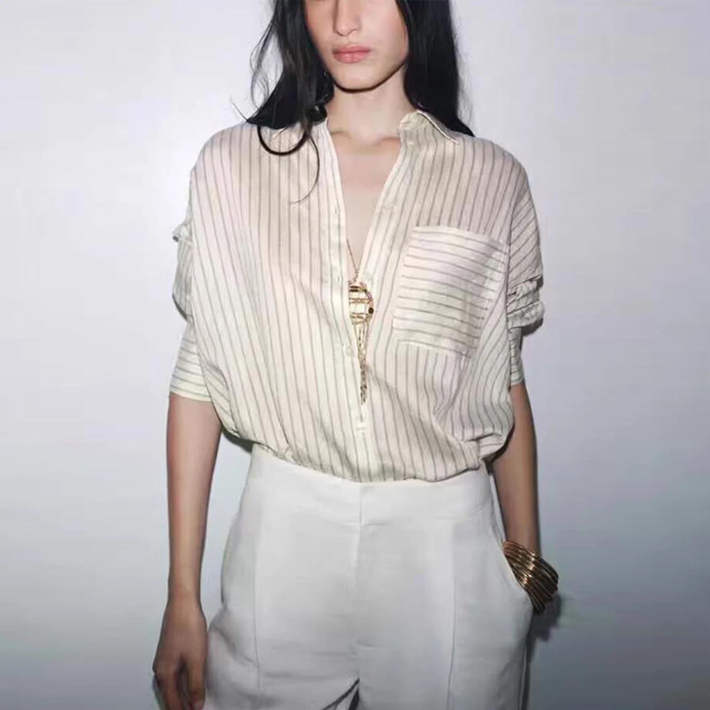 Ele rayé Long Sve irt col montant femme Faion automne 2025 Z tenue décontracté coupe confortable européenne Sle