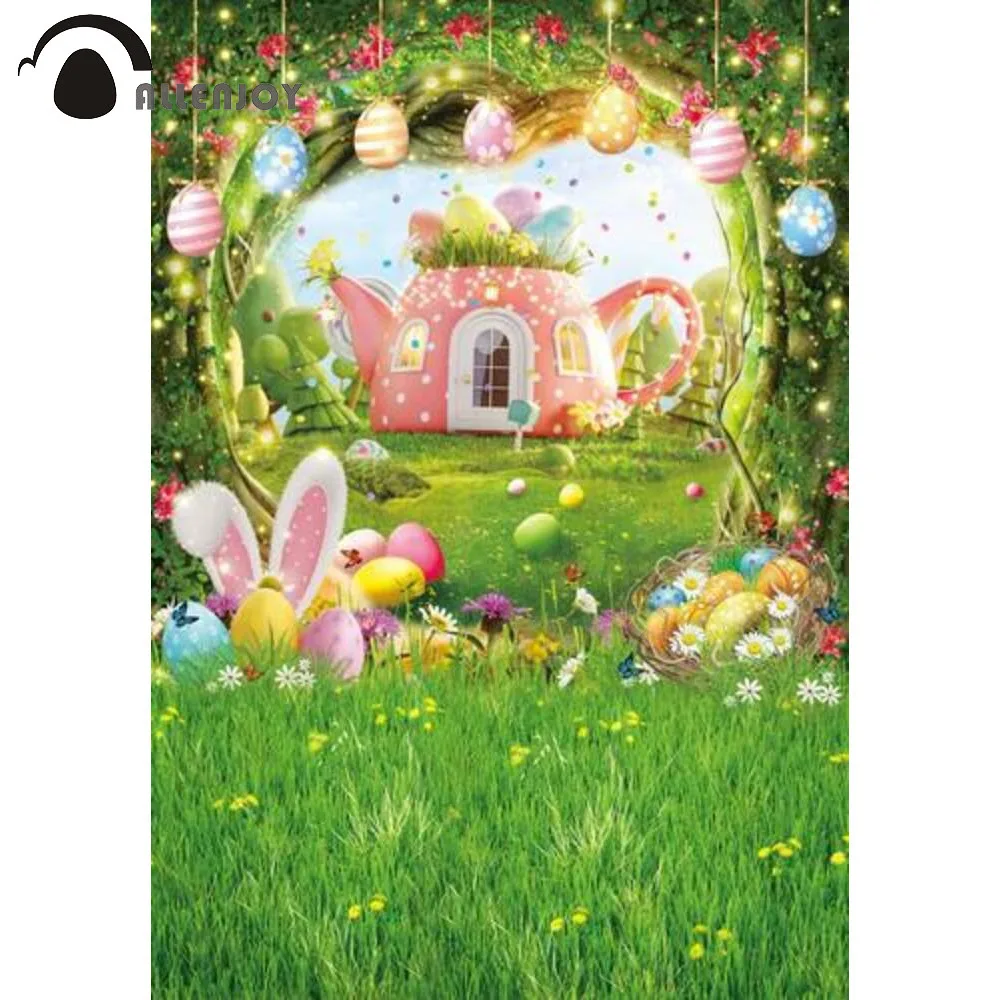 

Allenjoy Spring Easter Holiday Flower Background Grassland Cup Forests Eggs Rabbit Baby Shower Fairy Photophone Backdrop