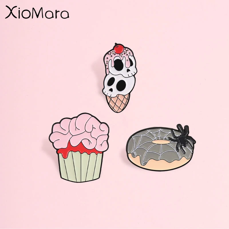 Gothic Halloween Dessert Badge, Skull Ice Cream Brain Cupcake Spider Donut Enamel Pin, Fashion Accessory, Gift For Gothic Lovers