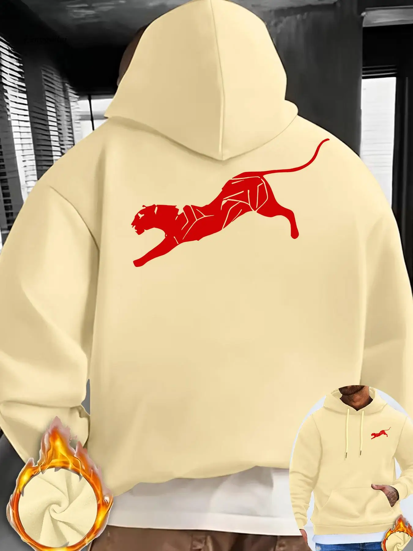 

Осенне-зимняя утолщенная удобная толстовка с капюшоном на флисовой подкладке | Красный леопардовый принт, регулируемый капюшон на шнурке, повседневный стиль