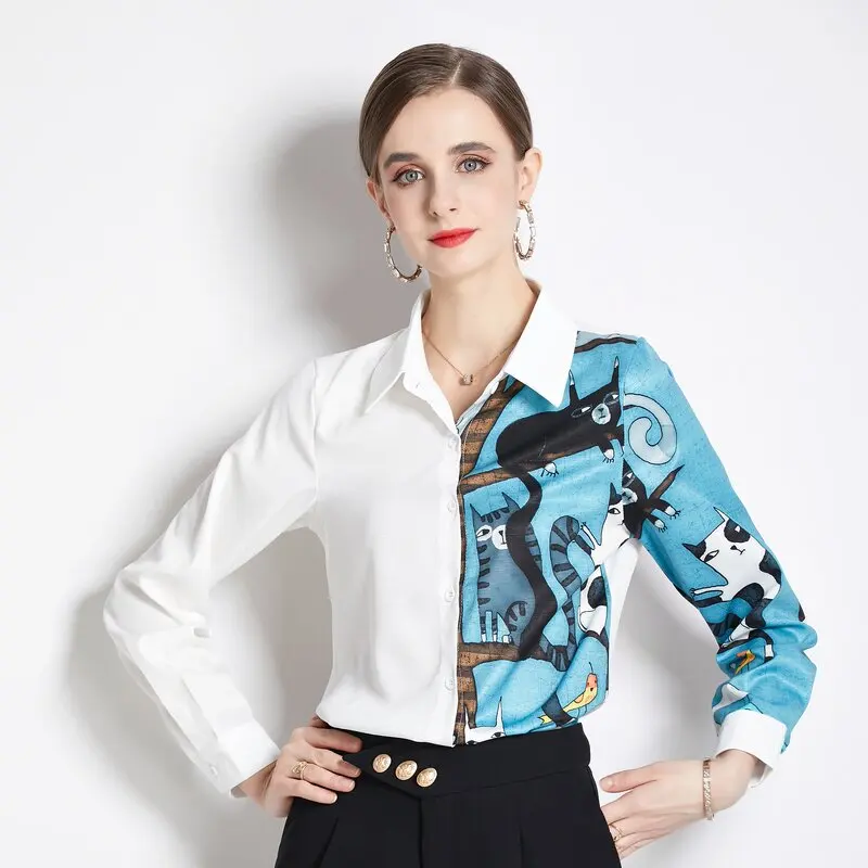 YZZ-Camisa blanca con estampado de costura Vintage para mujer, blusa informal de manga larga, elegante para oficina, otoño