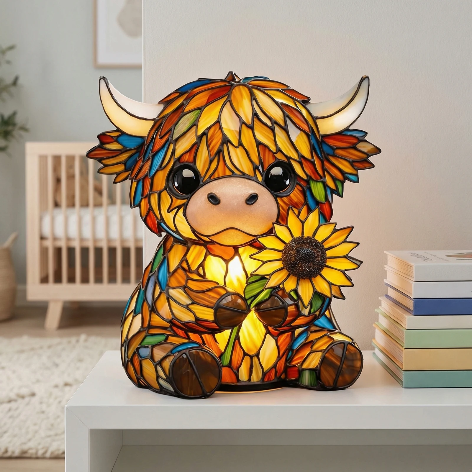 LED Sunflower Highland Cow Table Lamp USB Cute Bedside Decorations Lamp Resin Animal Ornament Light for Living Room Desk Decor