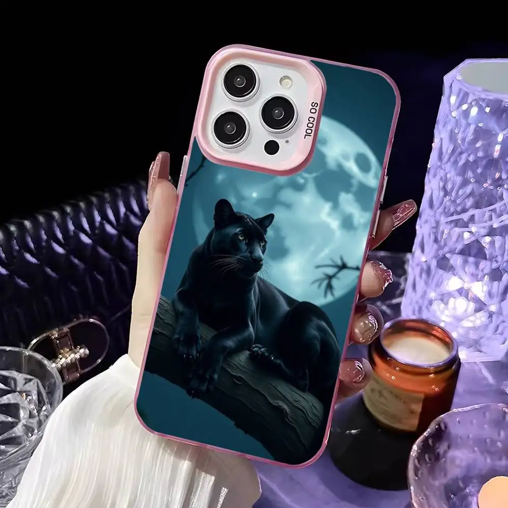 Dark Night Panther telefoonhoesje voor iPhone 16,15,14,13,12,11, Mini, Pro, MAX roze matte schokbestendige hoes