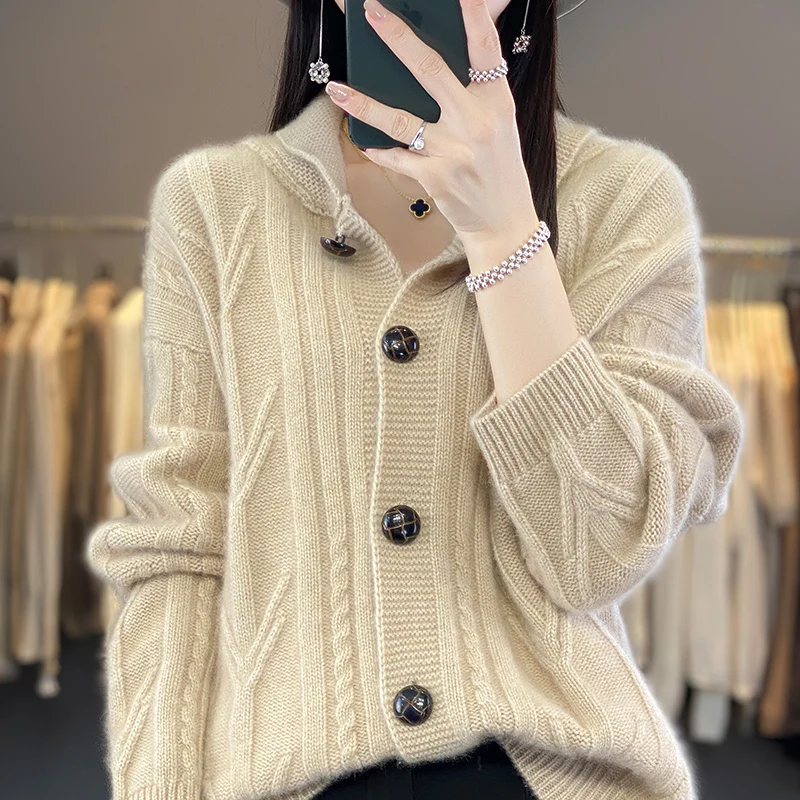 BELIARST 2023 Autumn/Winter 100% Merino Wool Sweater Women\'s Clothing Knitted Cardigan Button Loose Twisted Flower Solid B-8817