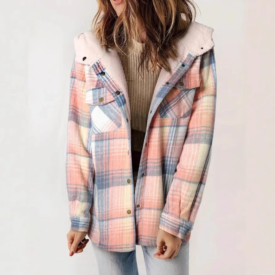 

2025 European and American Autumn and Winter Women's Plaid Jacket Long-sleeved Hooded Jacket