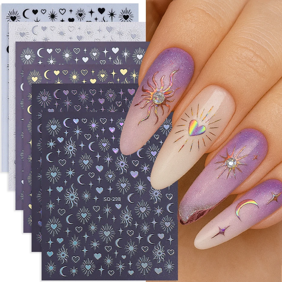 

6 шт., наклейки для ногтей в богемном стиле, серебро, черное золото, лазерная звезда, луна, форма сердца, дизайн, наклейка для ногтей, сделай сам, маникюр, слайдер, украшение