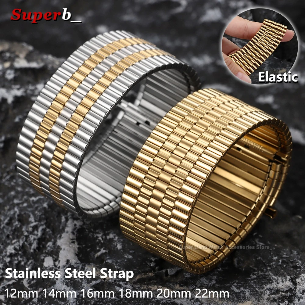 12mm 14mm 16mm 18mm 20mm 22mm Stretch Expansion Stainless Steel Watch Band Metal Elastic Strap Men Women Bracelet Accessories