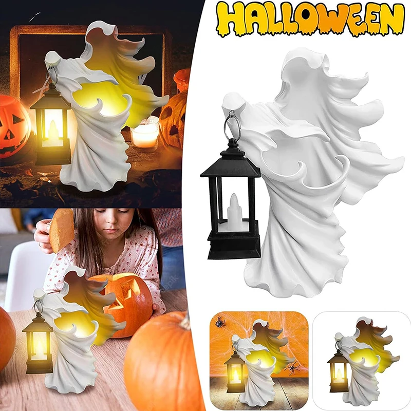 Creepy Grim Reaper Statue Halloween Solar Light Hell Messenger with Lantern Statue Faceless Ghost Sculpture for Yard Garden