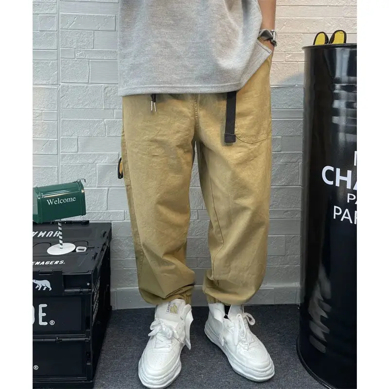 

Мужские рабочие брюки из чистого хлопка с поясом, свободного кроя, модные, износостойкие, с манжетами, широкие, фасона «морковки», для осени