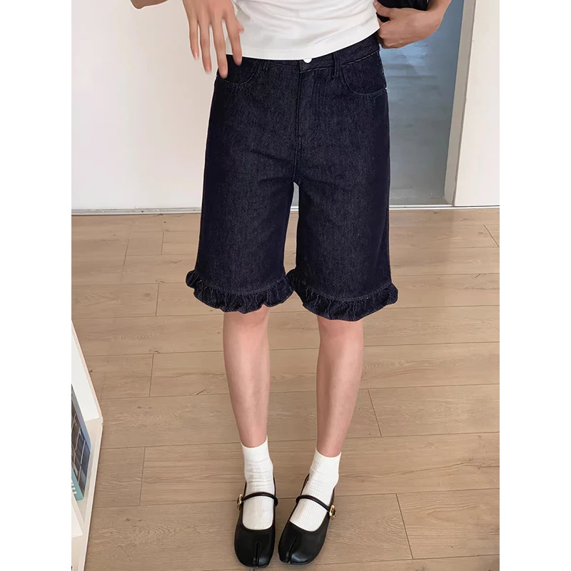 

PBAP однотонные лоскутные женские мешковатые джинсы с рюшами, винтажные джинсовые шорты до колена с высокой талией и оборками, повседневная летняя одежда