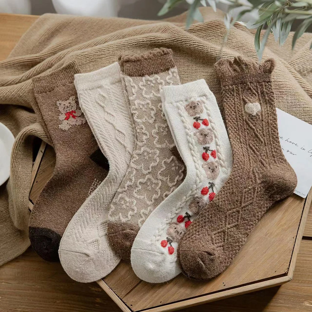 2 Pairs Lot Women Wool Socks Warm Winter Thick Cashmere Korean Comfortable Cartoon Cute Sock Bear Printed Thermal High Quality