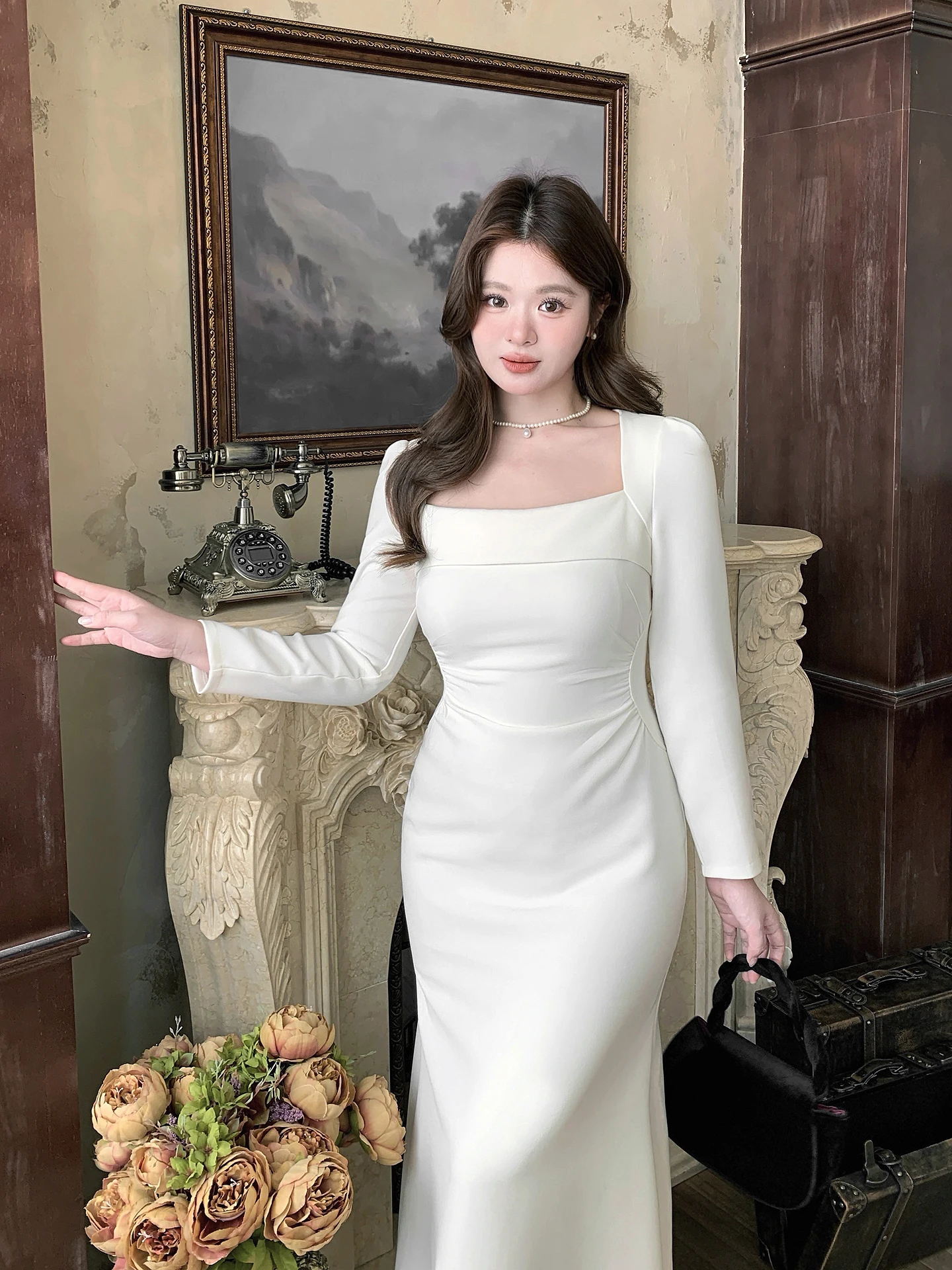 

Женское облегающее платье большого размера с длинным рукавом и квадратным вырезом для церемоний и торжеств