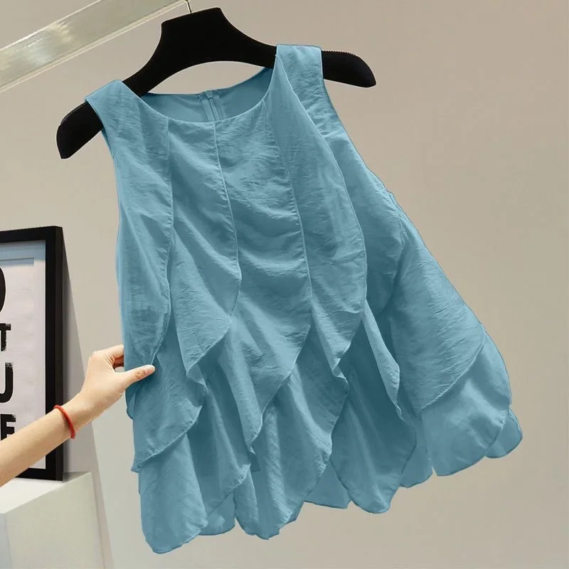 

Loose Fit Summer Shirt Korean Style Casual Vest Zipper Pure Color Bell Sleeve Chiffon Splice Hoodie Breathable Comfortable Wo...