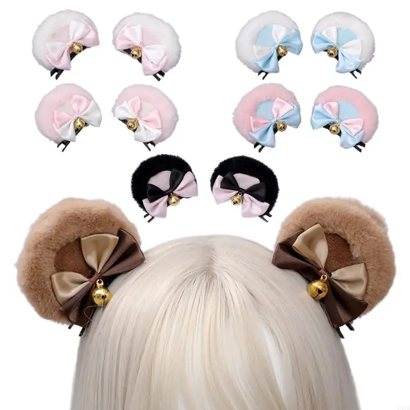 

L5YA Faux Fur Bear Ears Hair Clip Sweet Double Bowknot Cosplay Hairpins