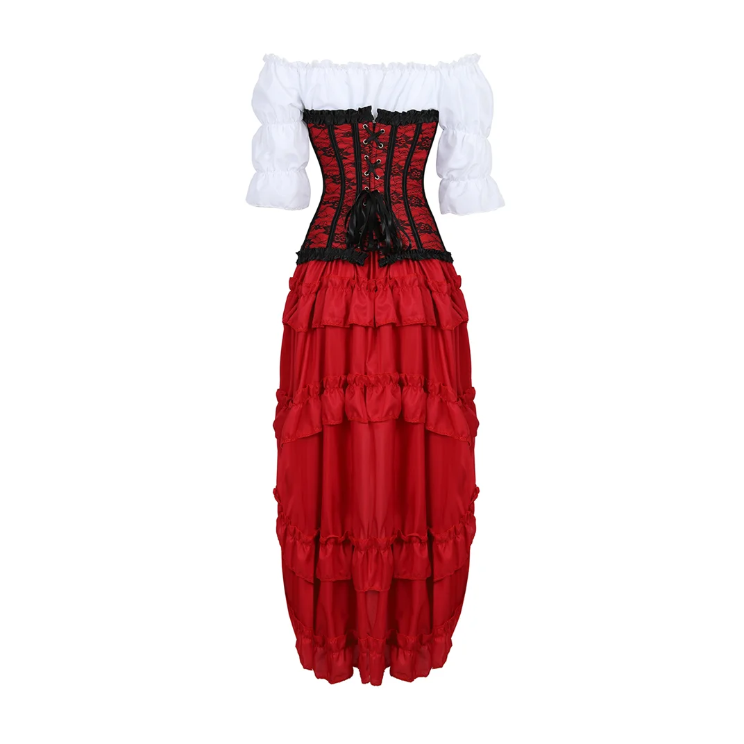 Fashion Locking Corset Mujer Dress Elegant Victorian Bodycon Skirt Sets Sexy Steampunk Party Evening Red Movie Festival Costume