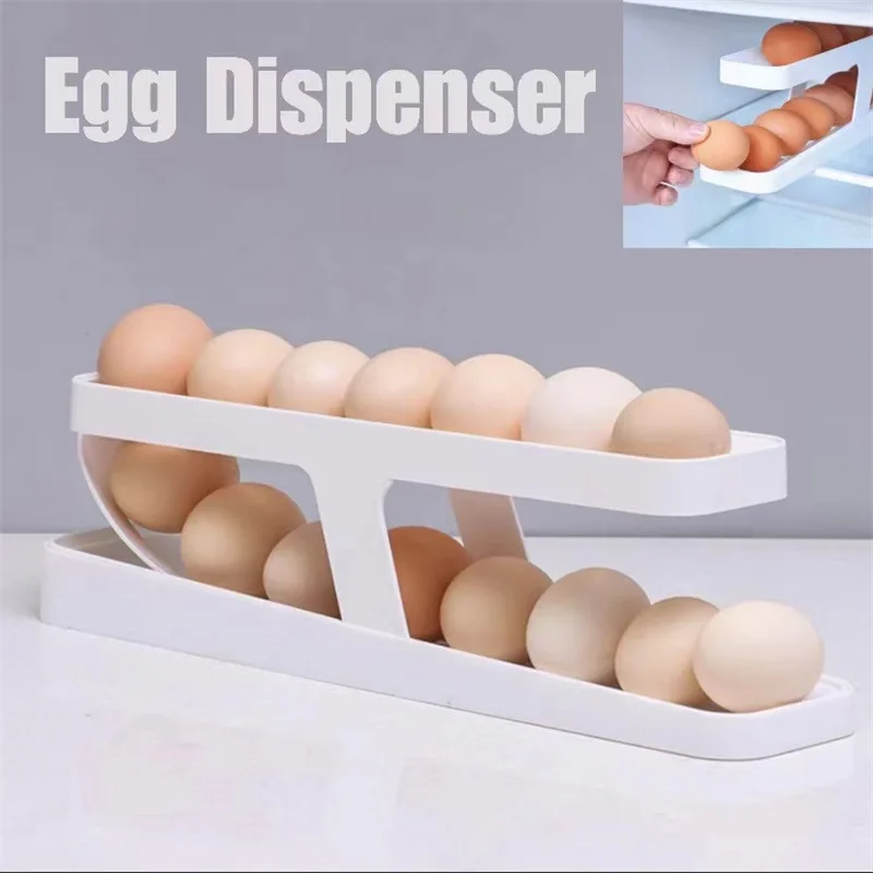 Automatic Scrolling Egg Rack Holder Storage Box Basket Plastic Egg Container Kitchen Roll Down Refrigerator Egg Dispenser