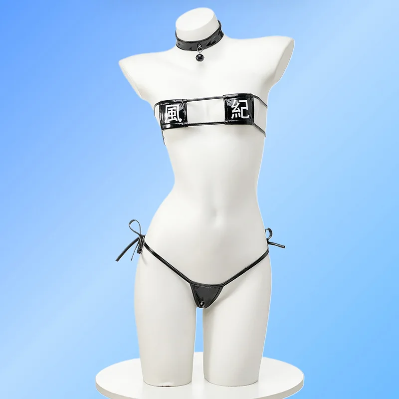 Conjuntos de Bikini de cuero para chica de cómics de Anime, traje de baño Sexy de dos piezas con Tanga para mujer, Bikini bonito, disfraz de sirvienta, 2025
