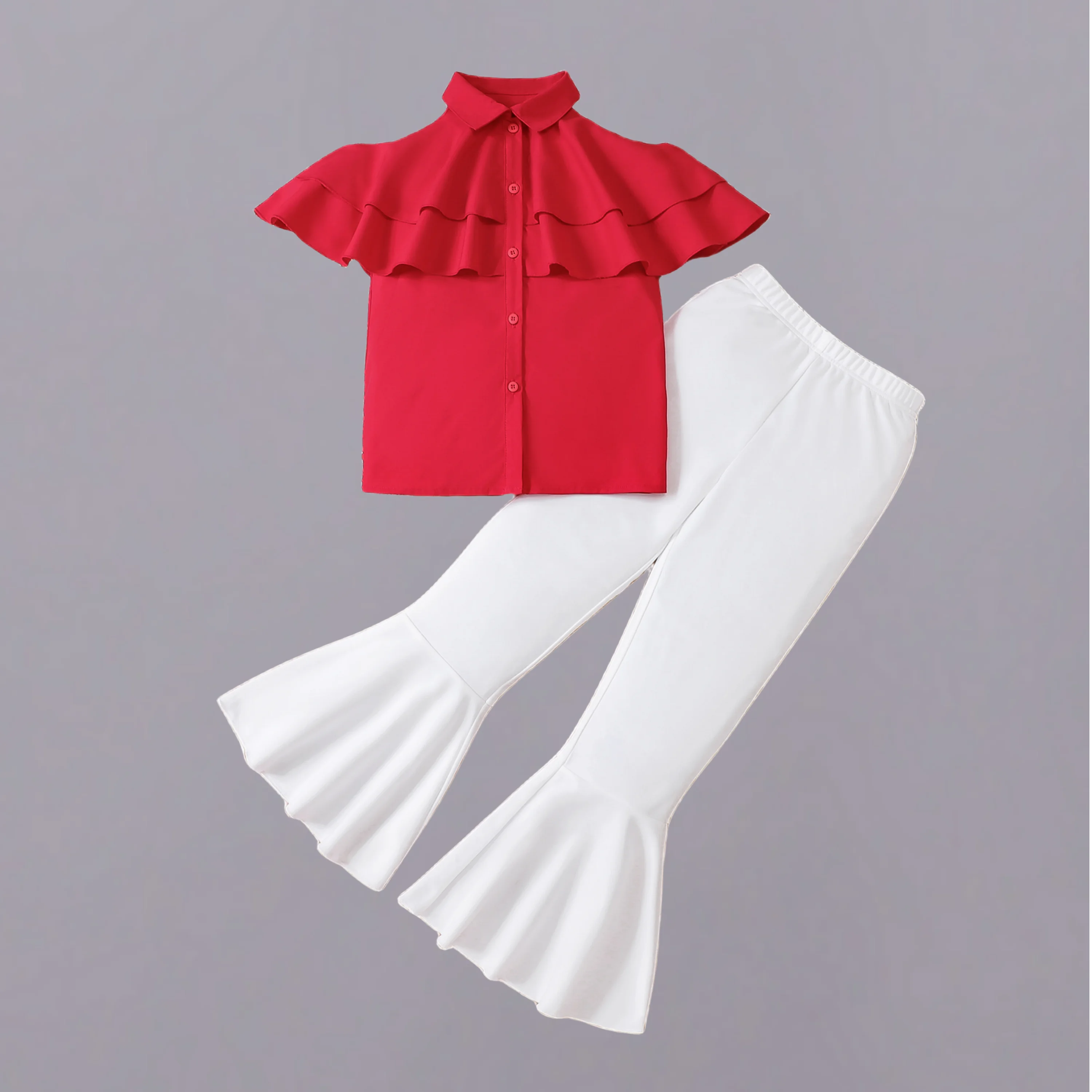 Pure Desire Spice ruffled sleeveless cape single breasted little shirt top elastic waist bell bottoms white pantsuit