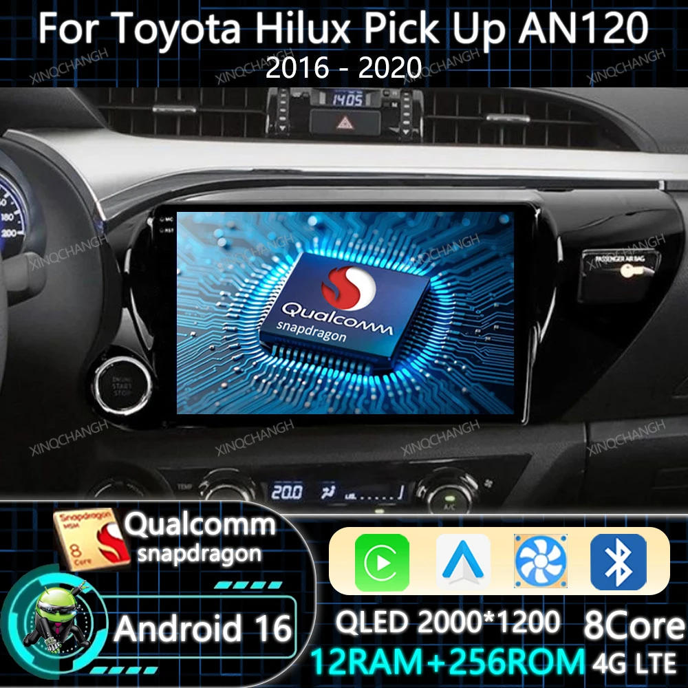 Android 16 Car Radio Carplay Auto For Toyota Hilux Pick Up AN120 2016 - 2020 GPS 4G LTE 5G WIFI Navigation Qualcomm Head Unit BT