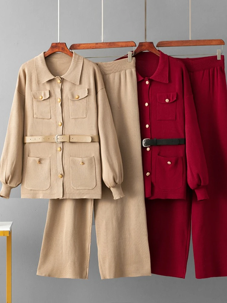 

Женский комплект из двух предметов с отложным воротником, соответствующий пояс с высокой талией, трикотажные топы, свитер с эластичной резинкой на талии, широкие брюки, костюм