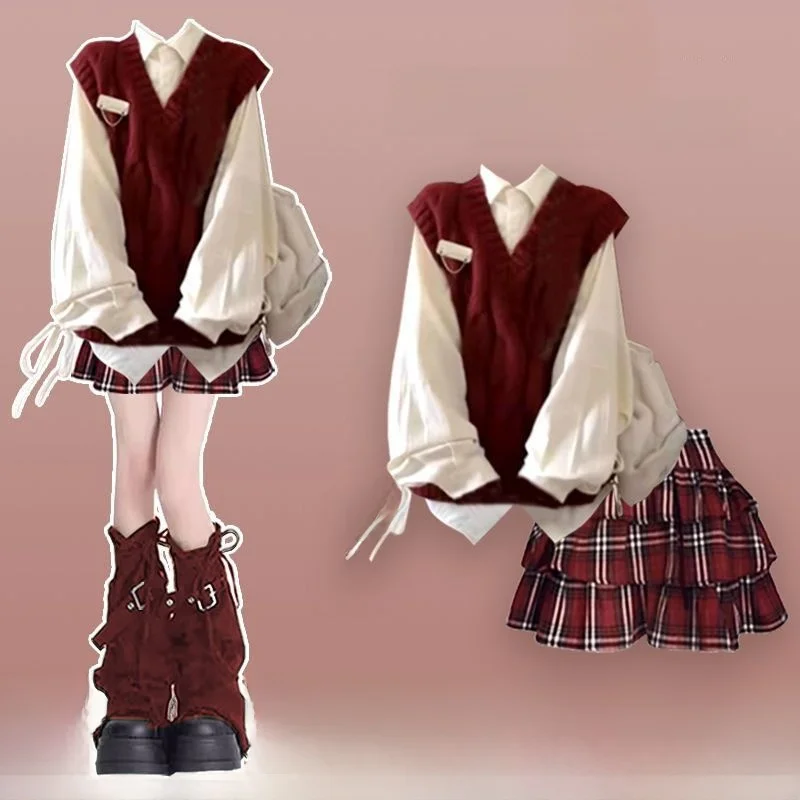College Sle Early Autumn Knitted Red Dr ort Skirt loween Costume Spicy Girl Faion Set Polyester Long Sve  ...