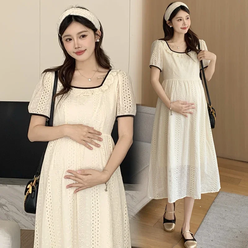 

2025 Summer Maternity Lace Dress Puff Sleeve O-Neck Fashion Pregnant Woman Pleated Dress Sweet Ruffled Pregnancy Romatic Dresses