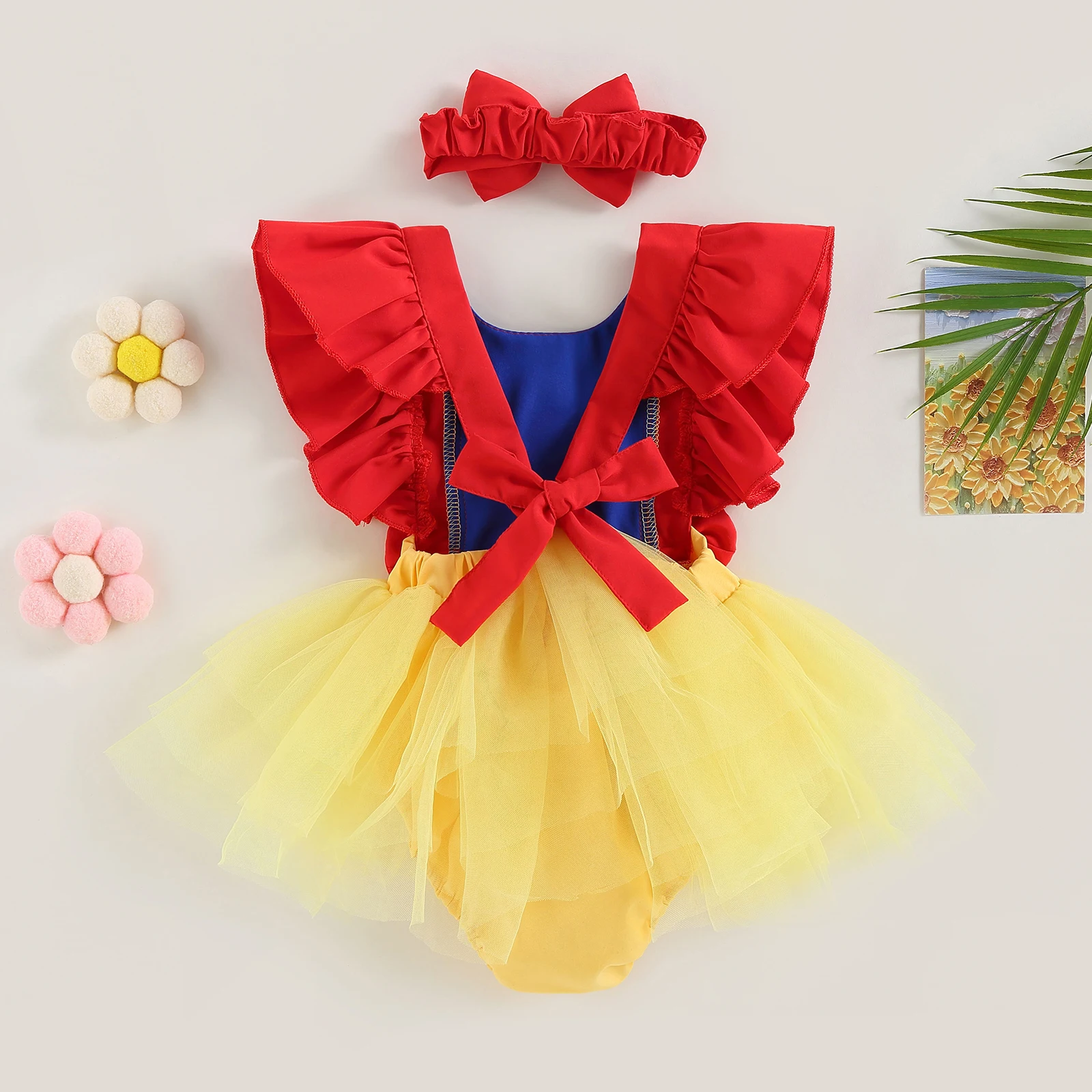 ma&baby 0-24M Princess Newborn Infant Toddler Baby Girl Romper Red Bow Tulle Jumpsuit Headband Birthday Summer Outfit D05