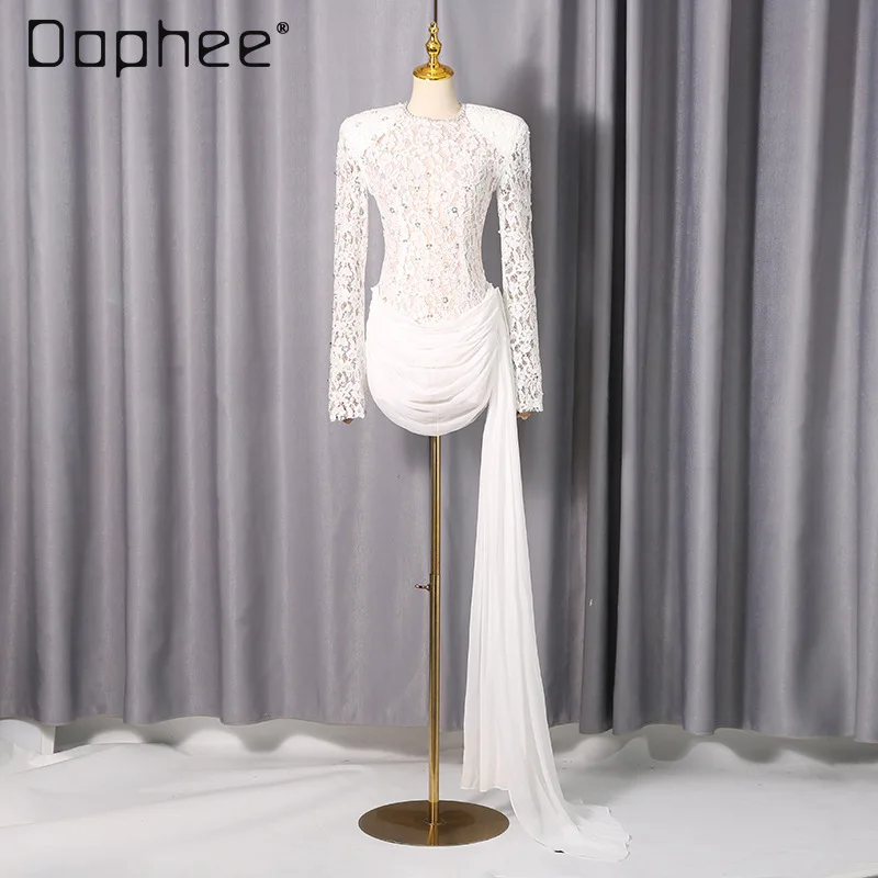 

European American Sexy Hot Girl Dress Evening Dresses Women Autumn New Round Neck Rhinestone Lace Patchwork Slim Short Dress